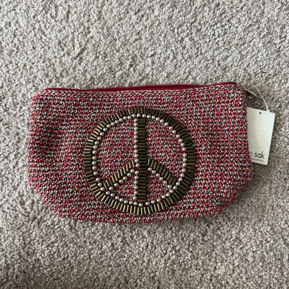 The Sak Red Beaded Peace Sign Clutch - new with tag
